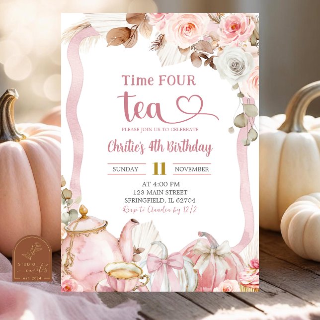 Invitation Boho Coquette Rose Time FOUR tea Anniversaire (Créateur téléchargé)