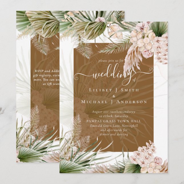 Invitation BOHO Couleur de la Terre Pampas Mariage (Devant / Derrière)