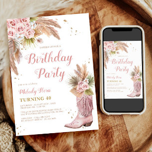 Invitation Boho Cowgirl Boot Pampas Grass Roses 40e anniversa