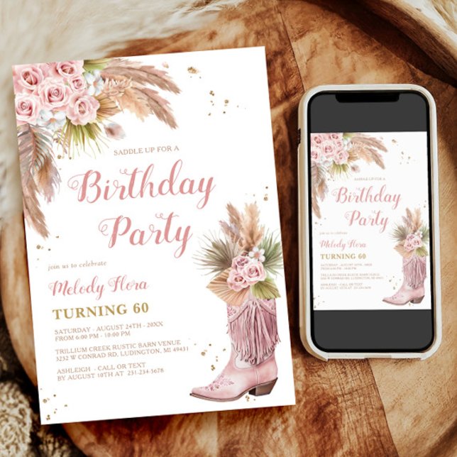 Invitation Boho Cowgirl Boot Pampas Grass Roses 60e anniversa (Boho Cowgirl Boot Pampas Grass Roses 60th Birthday Invitation)