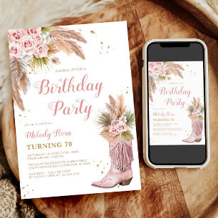 Invitation Boho Cowgirl Boot Pampas Grass Roses 70e anniversa