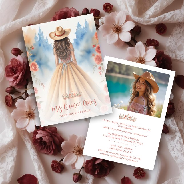 Invitation Boho Cowgirl Charming Quinceañera with Hat  (Boho Cowgirl Charming Quinceañera with Hat Invitation Cards in Spanish with Back Custom Photo.)