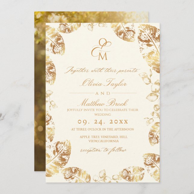 Invitation Boho Cream Gold | Mariage de automne élégant (Devant / Derrière)