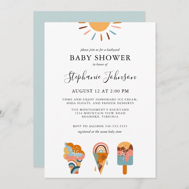 Invitation Boho Crème Glacée Fête Prénatale de Jardin (Devant / Derrière)