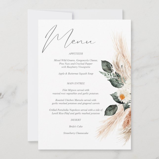 Invitation Boho Cuivre Pampas Grass & Beige Floral Menu (Devant)