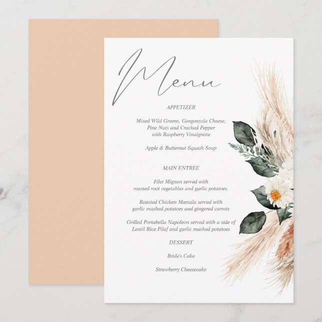Invitation Boho Cuivre Pampas Grass & Beige Floral Menu Invit (Devant / Derrière)