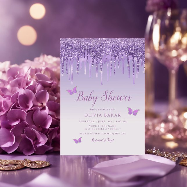 Invitation Boho Cute Ombre Purple Butterfly Girl Baby shower (Créateur téléchargé)