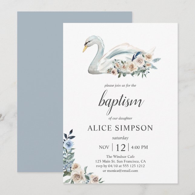 Invitation Boho Cute Swan Dusty Blue Beige Fleurs Baptême (Devant / Derrière)