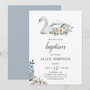 Invitation Boho Cute Swan Dusty Blue Beige Fleurs Baptême