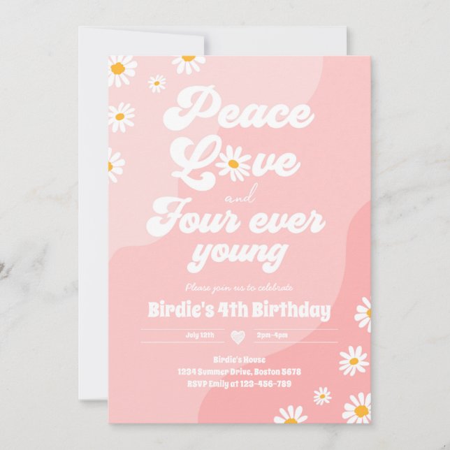 Invitation Boho Daisy 4e anniversaire Paix Amour Quatre Ever  (Devant)