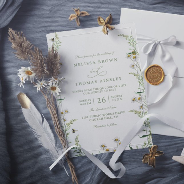 Invitation Boho Daisy Beidge Wildflower QR Code Wedding (Créateur téléchargé)