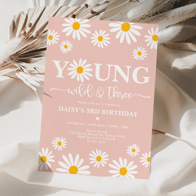 Invitation Boho Daisy Floral Young Wild & Three 3e anniversai (Créateur téléchargé)