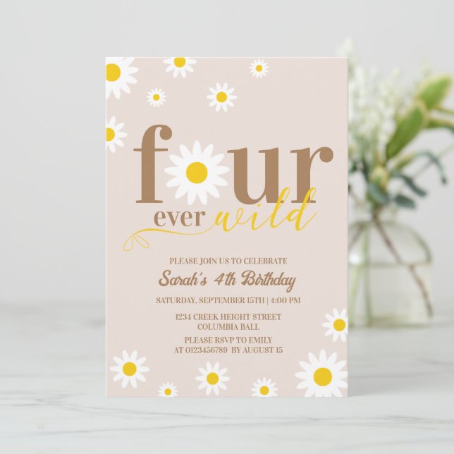 Invitation Boho Daisy Four Ever Wild 4e anniversaire (Debout devant)