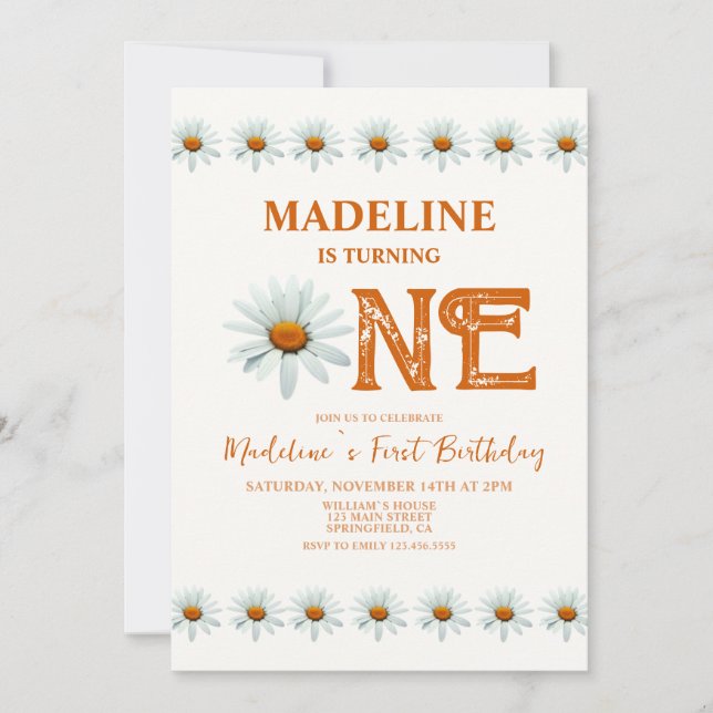 Invitation Boho Daisy Girls 1er anniversaire (Devant)