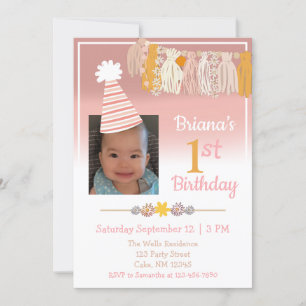 Invitation Boho Daisy Photo personnalisée Filles Premier anni