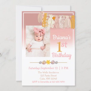 Invitation Boho Daisy Photo personnalisée Rose Premier annive