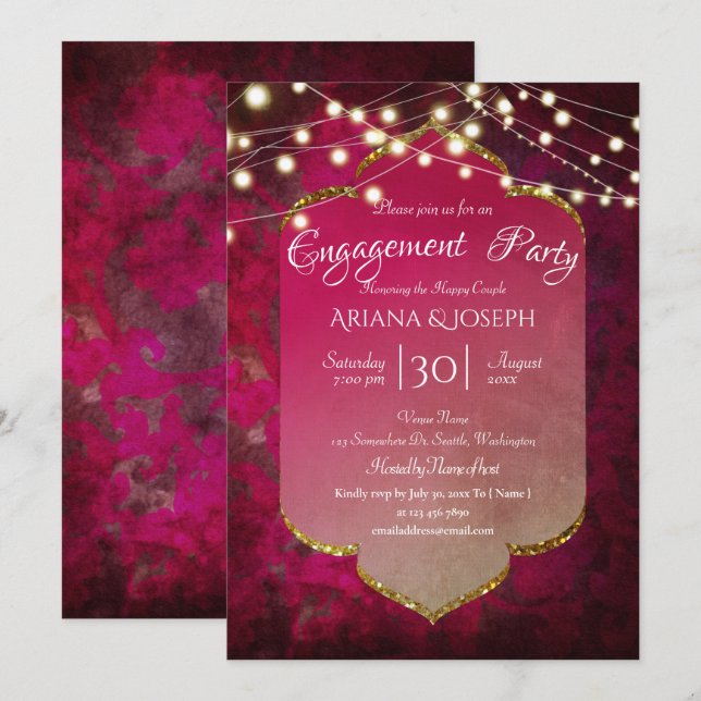 Invitation Boho damasqué inspiré de l'Inde en rose profond (Devant / Derrière)
