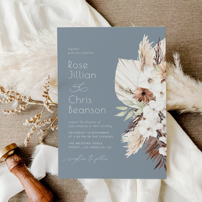 Invitation Boho d'aquarelle fleurs bleu poussiéreux mariage (Créateur téléchargé)
