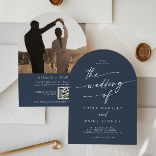 Invitation Boho Dark Navy Bleu Photo QR Code Arch Mariage