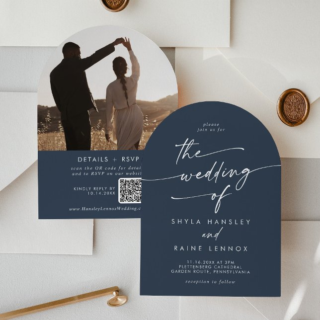 Invitation Boho Dark Navy Bleu Photo QR Code Arch Mariage (Créateur téléchargé)