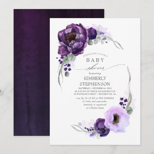 Invitation Boho Dark Purple Floral Baby shower Royal