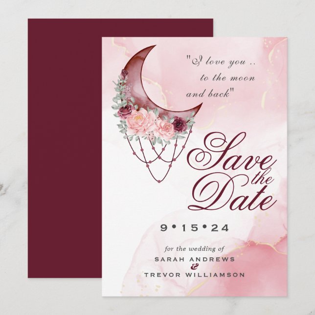 Invitation Boho Date à Sauver  Rose Marron Clair Croissant de (Devant / Derrière)