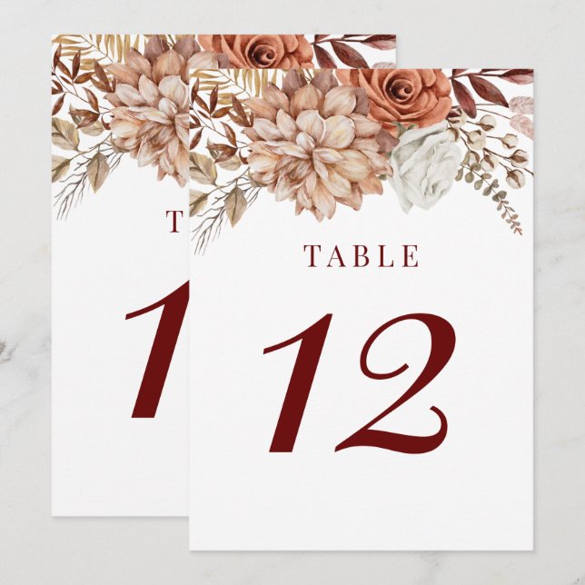 Invitation Boho de Bourgogne Mariage floral Numéro de tableau (Devant / Derrière)