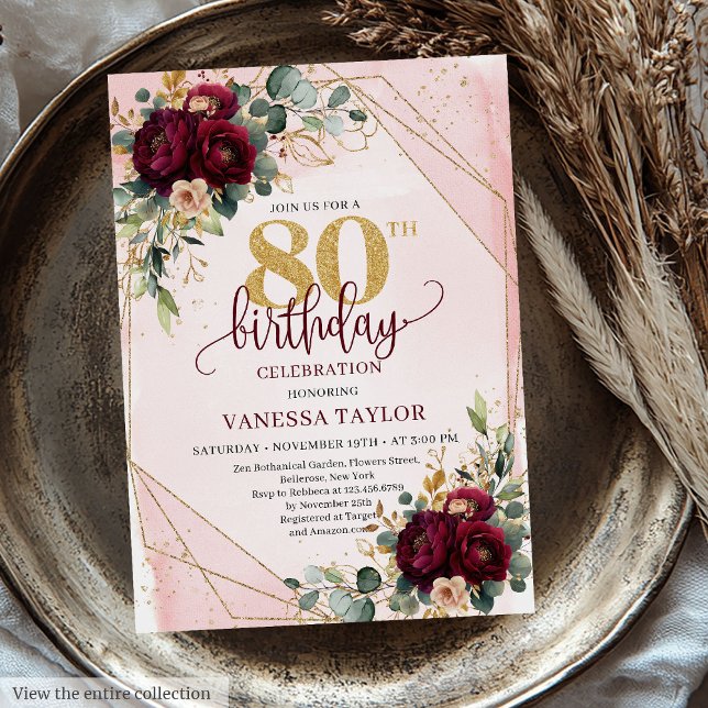 Invitation Boho de luxe Dark Red Gold Rose 80e anniversaire (Luxury Boho Dark Red Gold Roses 80th Birthday Invitation)