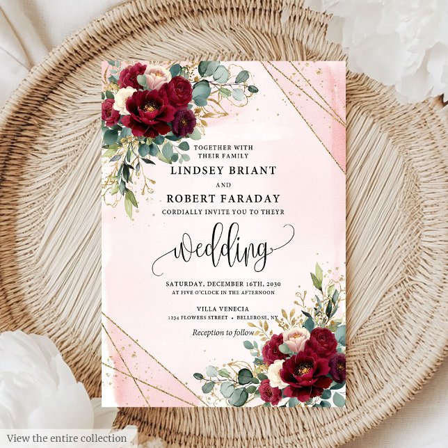 Invitation Boho de luxe Merlot Gold Blush Roses de mariage In (Luxury Boho Merlot Gold Blush Roses Wedding Invitation)