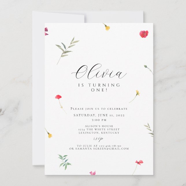 Invitation Boho de premier anniversaire fleur sauvage (Devant)