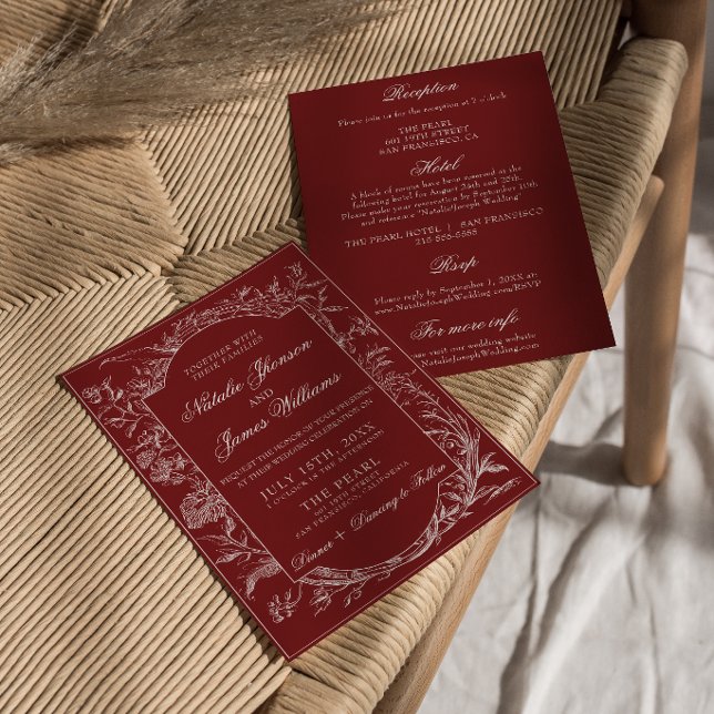 Invitation Boho Deep Red Floral Burgundy Robe de Mariée Une P (Créateur téléchargé)