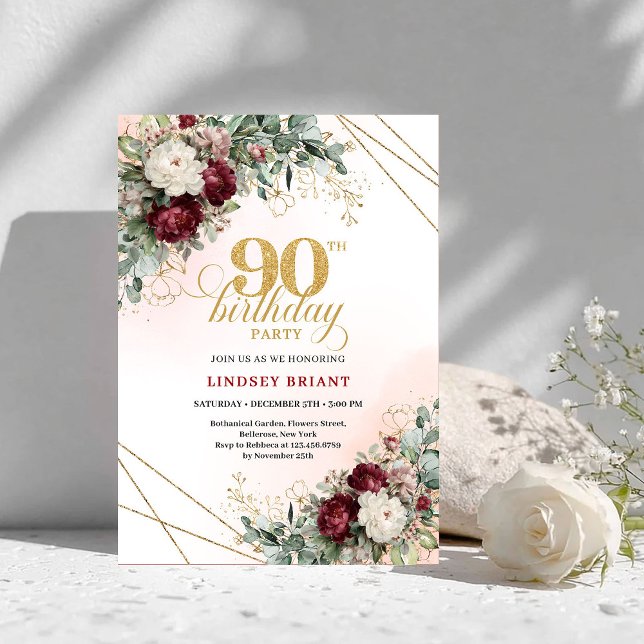 Invitation Boho Deep Red Péonies Or Éternelles 90e Anniversai (Timeless Deep Red Peonies Gold 90th Birthday Invite)