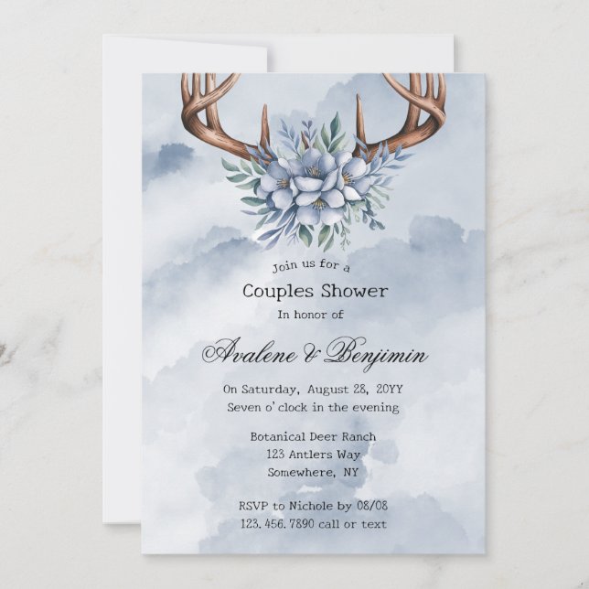 Invitation Boho Deer Antler Blue Floral Mariage Couple Douche (Devant)