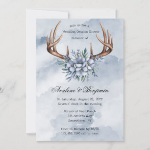 Invitation Boho Deer Antler Blue Floral Mariage Couple Douche
