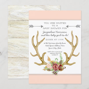 Invitation BOHO Deer Antler Blush Floral Baby Girl Douche