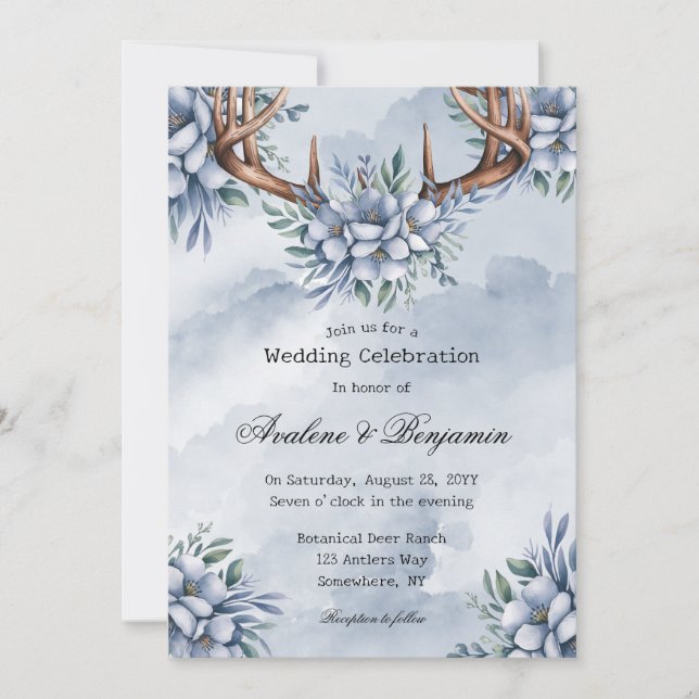 Invitation Boho Deer Antler Dusty Blue Floral Mariage (Devant)
