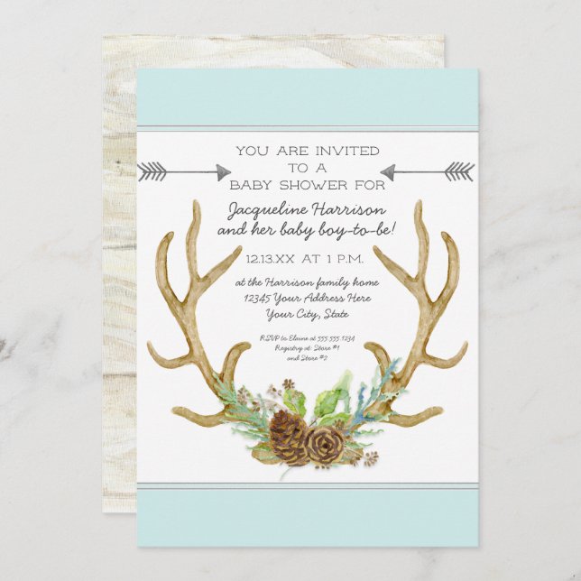 Invitation BOHO Deer Antler Pine Cones Ferns Baby Boy Shoy (Devant / Derrière)