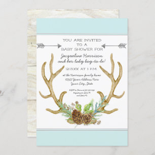 Invitation BOHO Deer Antler Pine Cones Ferns Baby Boy Shoy