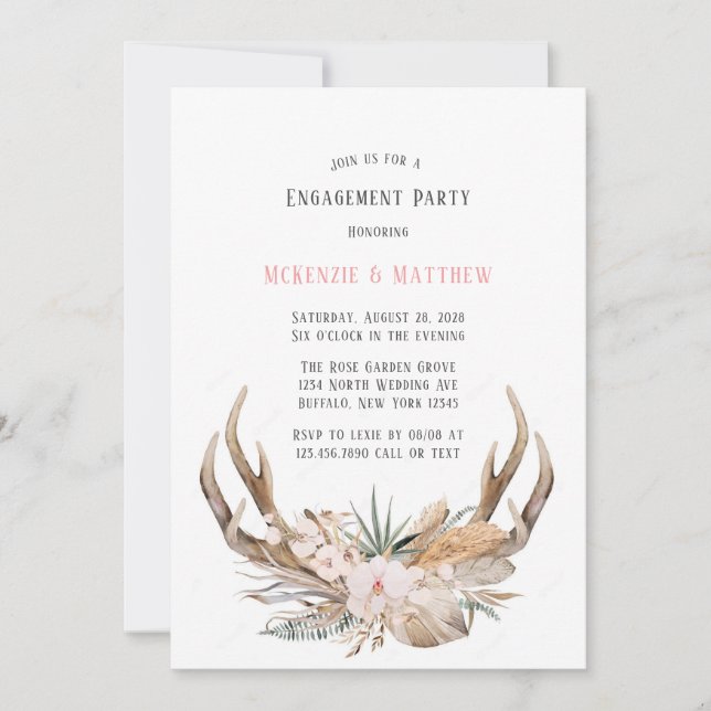 Invitation Boho Deer Antlers et Florals (Devant)
