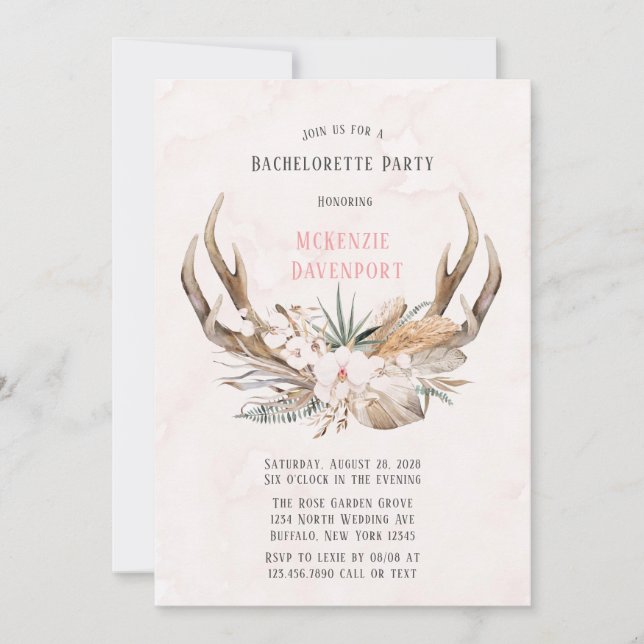 Invitation Boho Deer Antlers et Florals Bachelorette Party (Devant)