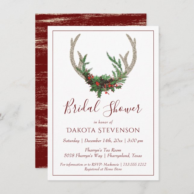 Invitation Boho Deer Antlers | Fête des mariées de Noël rusti (Devant / Derrière)