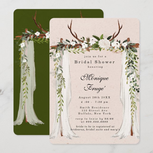 Invitation Boho Deer Antlers White Canopy Chic Fête des marié (Devant / Derrière)