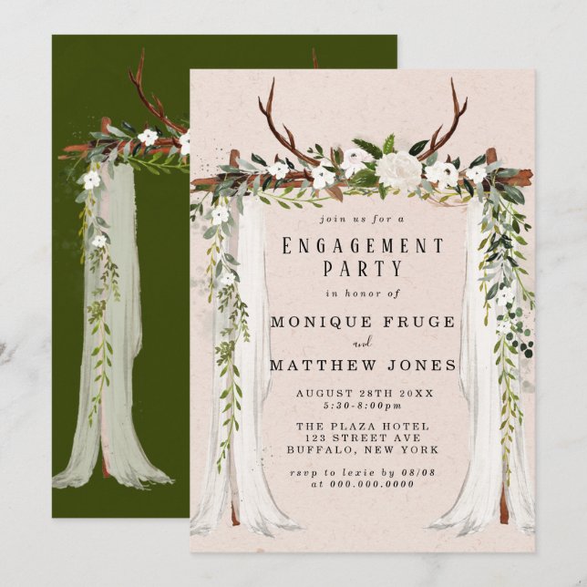 Invitation Boho Deer Antlers White Canopy Engagement Party (Devant / Derrière)
