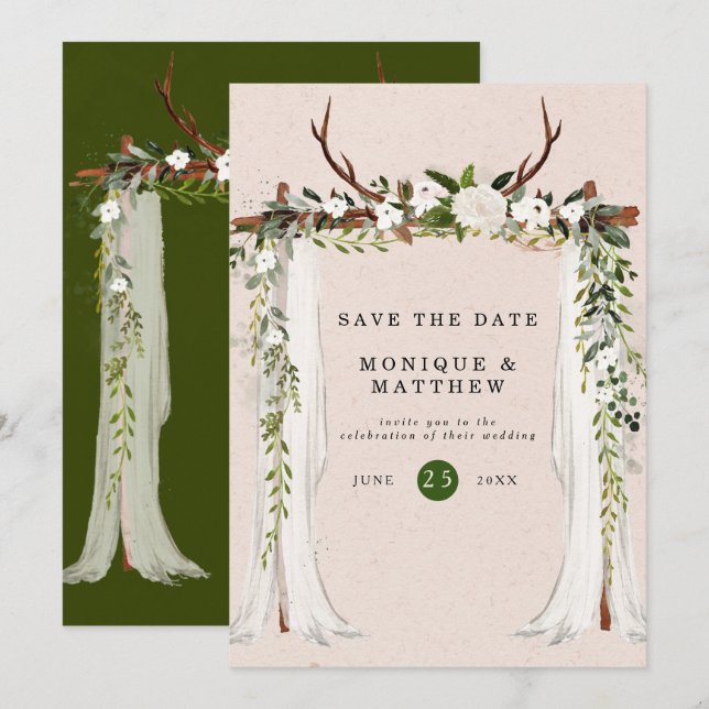 Invitation Boho Deer Antlers White Canopy Enregistrer La Date (Devant / Derrière)