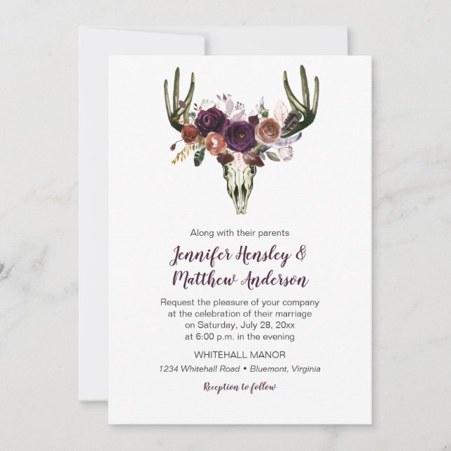 Invitation Boho Deer Crâne foncé violet Mariage de bouquet fl (Devant)