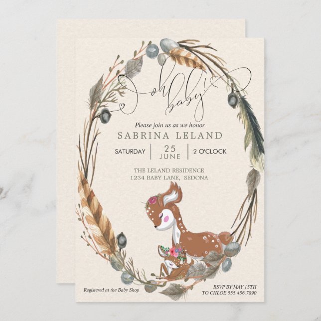 Invitation BOHO Deer et le Baby shower de la faune (Devant / Derrière)