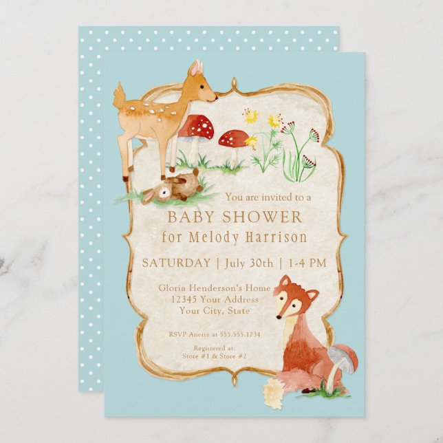 Invitation BOHO Deer Fox Owl Forest Woodsy Boy Baby shower (Devant / Derrière)