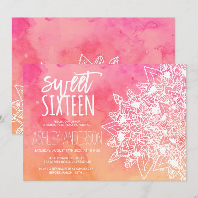 Invitation Boho dentelle florale mandala aquarelle rose Sweet (Devant / Derrière)