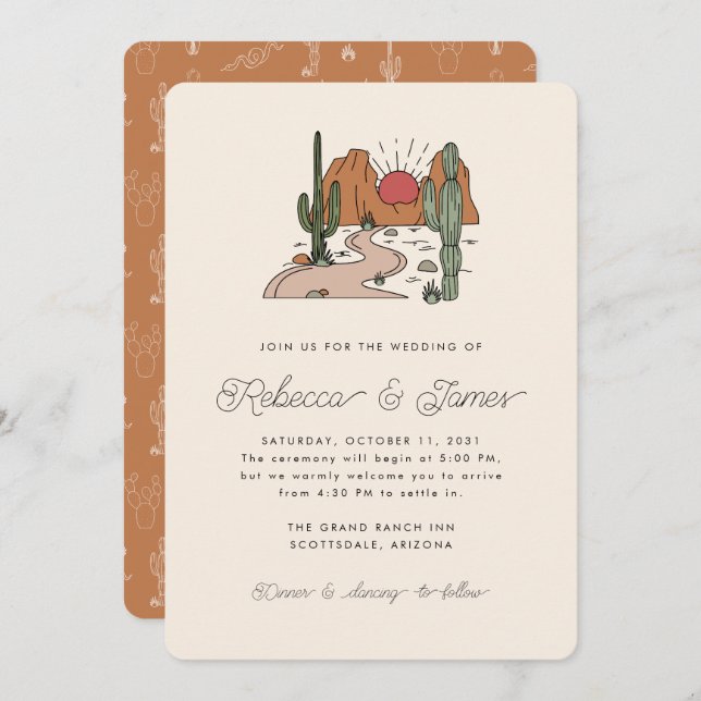 Invitation Boho Desert Cactus Mariage de script moderne (Devant / Derrière)