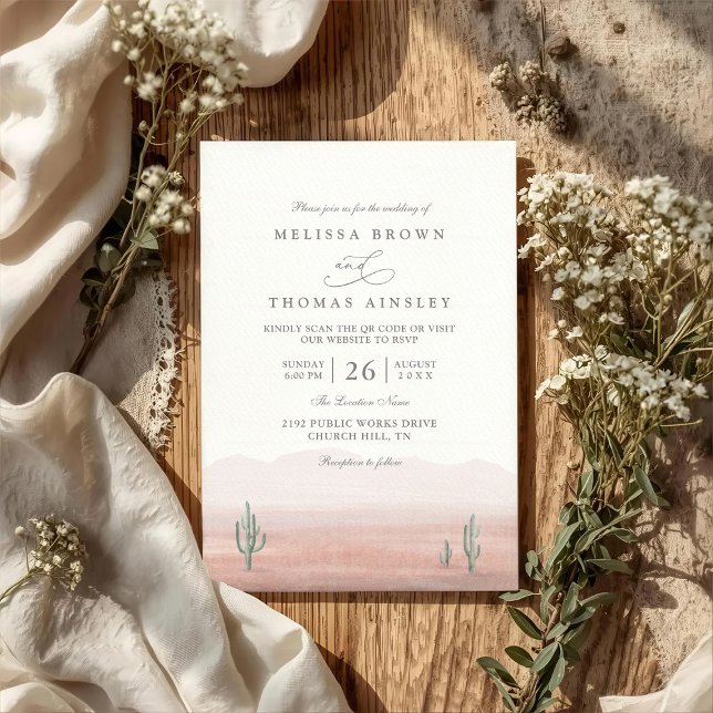 Invitation Boho Desert Cactus Rustic Elegant QR Code Wedding (Créateur téléchargé)